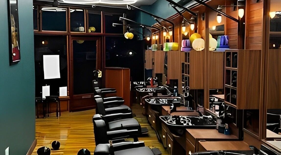 Modern salon interior at Fade Factory - Balham, London, England, GB with sleek black chairs and mirrors.