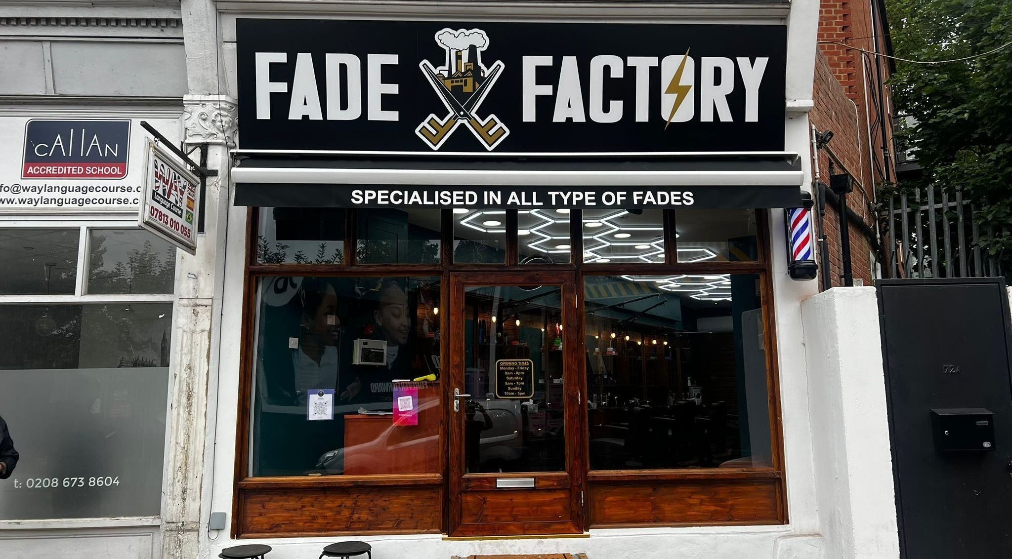 Front of Fade Factory - Balham, a trendy barbershop in London, England, GB, specializing in modern fades.