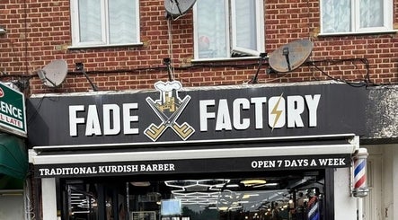 Front view of Fade Factory, a traditional Kurdish barber in Morden, England, GB.