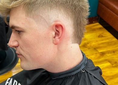Close-up of a stylish haircut at the Fade Factory in Morden, England, GB.