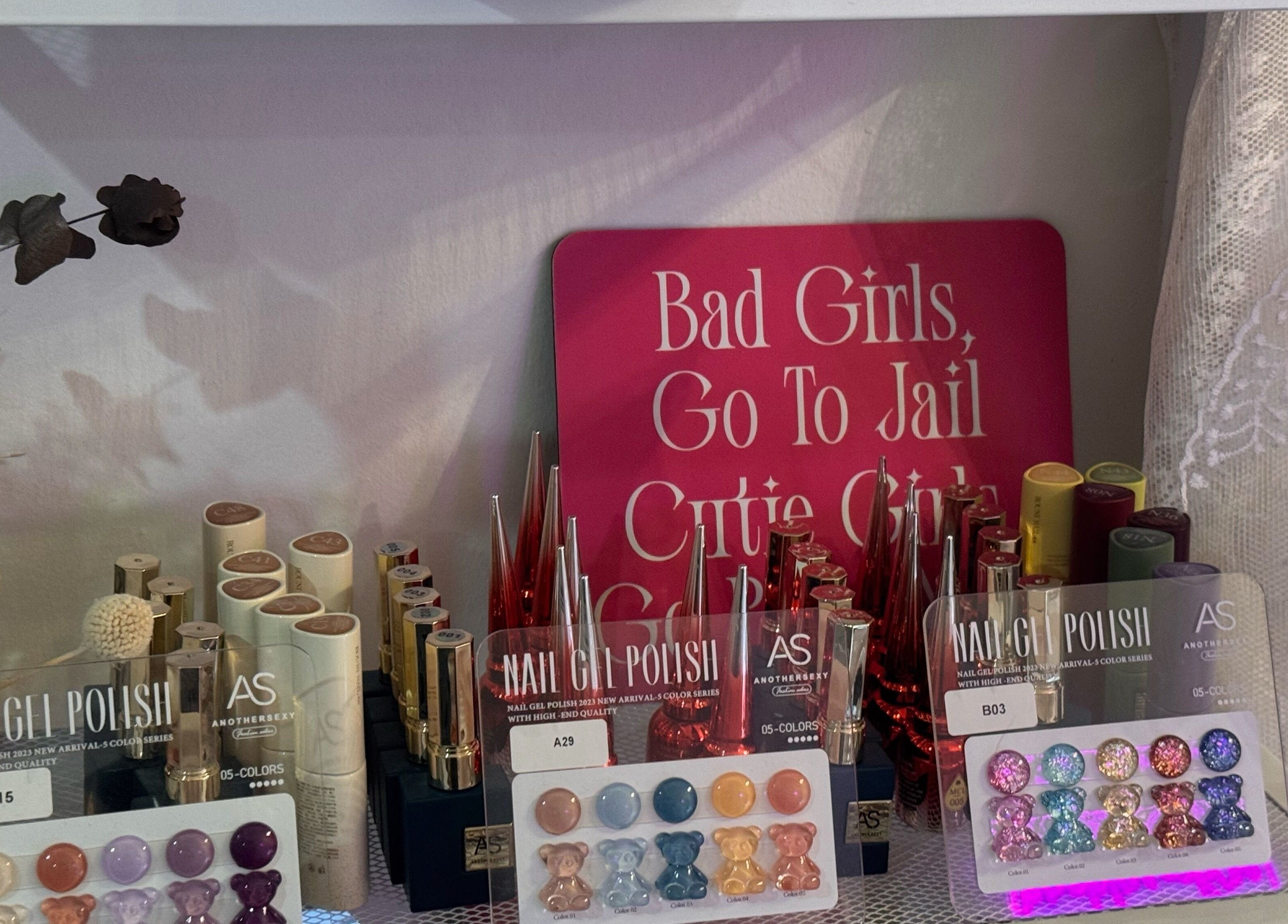 The Belle Studio nail polish display with vibrant colors and decor, Singapore, Singapore, SG.