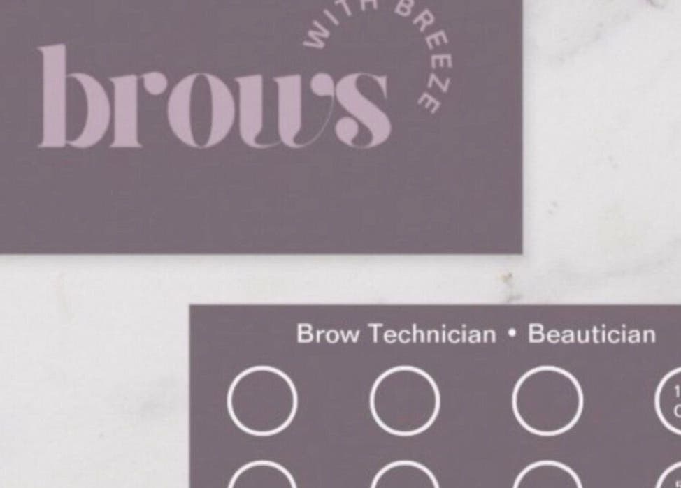 Promotional card from Brows With Breeze, Rainworth, England showcasing brow services and offers.