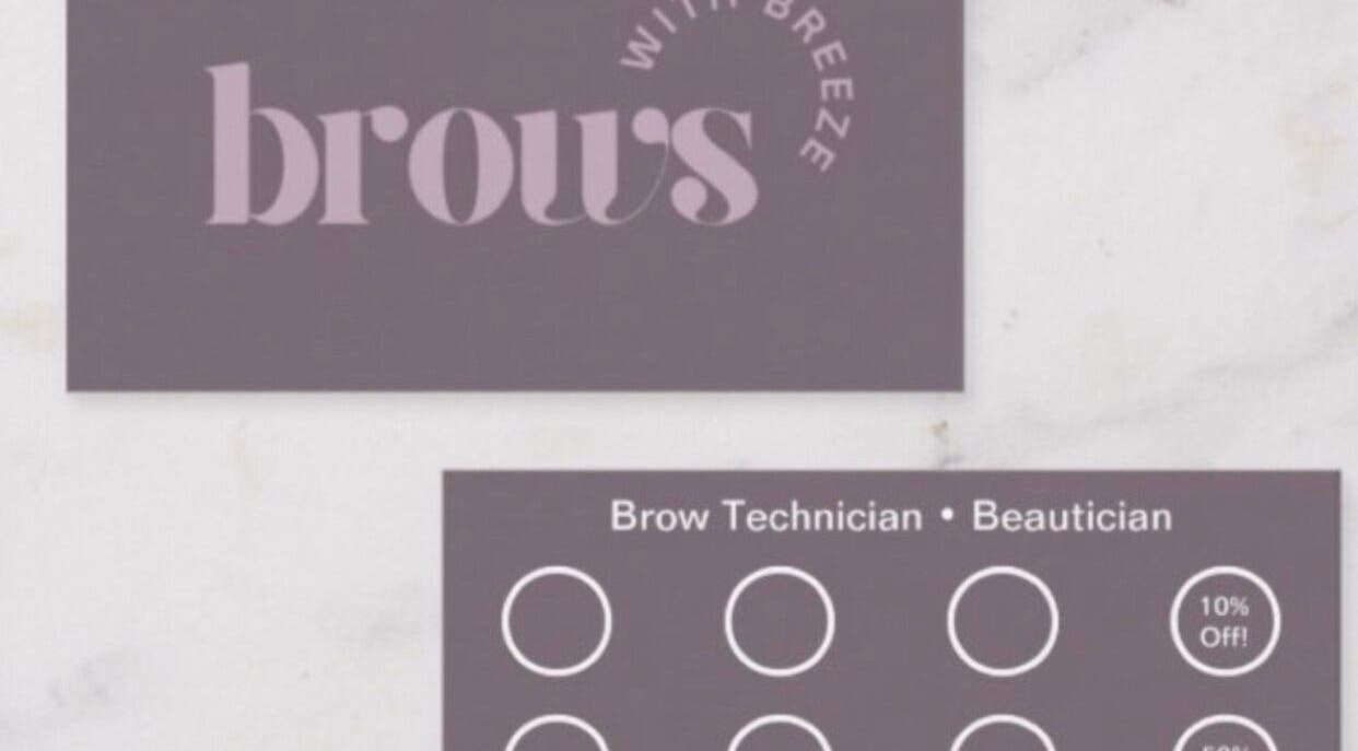 Promotional card from Brows With Breeze, Rainworth, England showcasing brow services and offers.