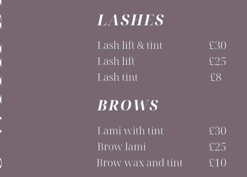 Service menu at Brows With Breeze in Rainworth, England, showcasing lash and brow treatments with prices.