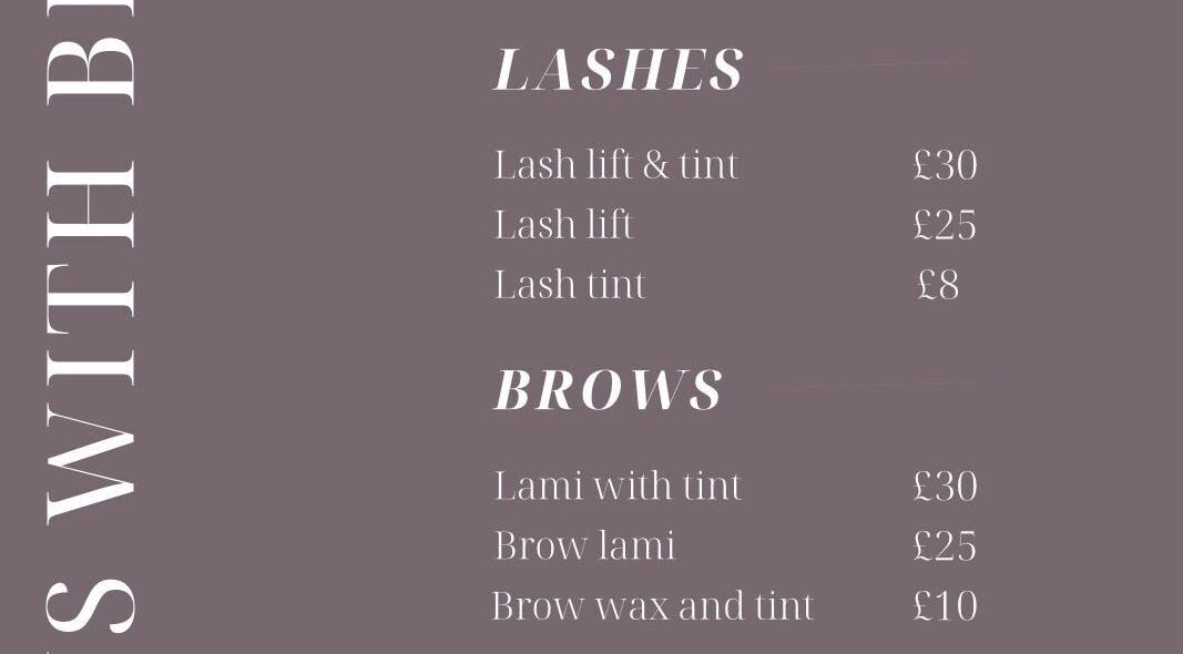 Service menu at Brows With Breeze in Rainworth, England, showcasing lash and brow treatments with prices.