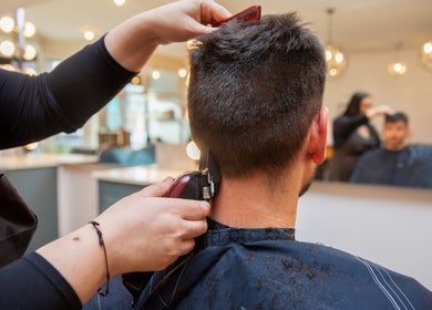 Haircut at Revolution Hair Studio | St-Henri, showing precise styling, Montréal, Québec, CA.