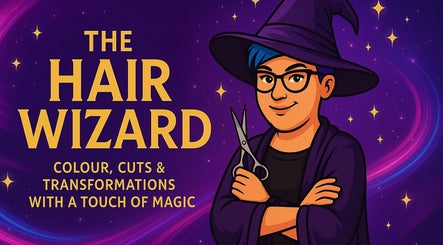 The Hair Wizard logo, featuring a wizard holding scissors. Located in Redditch, England, GB.