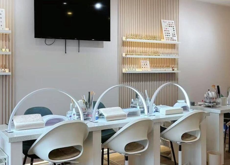 Zoey Beauty Bar's chic nail care section in Mississauga, Ontario, CA, showcasing a tidy, modern design.