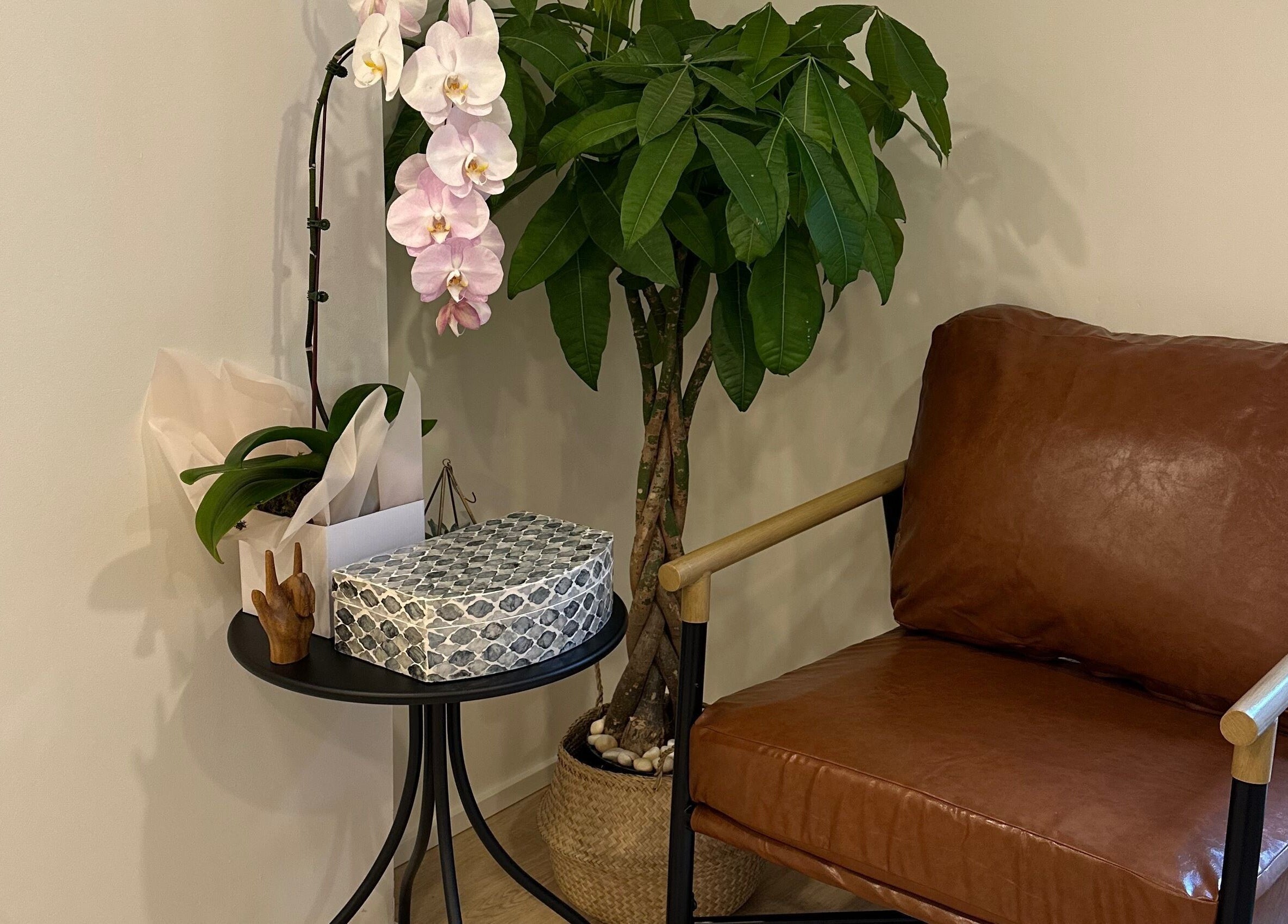 Cozy lounge chair and orchids at Studio Enu, Toronto, Ontario, CA, embody relaxation and elegance.