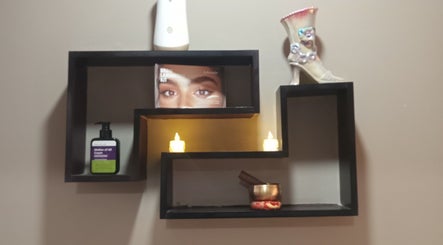 Stylish wall shelf with beauty products at Is-Care (PTY-LTD), Eshowe, Kwazulu-natal, ZA.