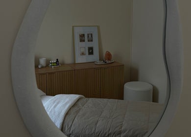 Reflection of a tranquil treatment room at Kalari Body and Face, Andergrove, Queensland, AU.