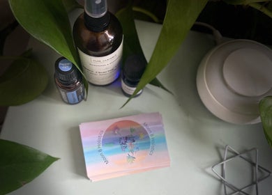 Moon 8 Holistics aromatherapy setup in Wickham, England, GB with essential oils and wellness materials.