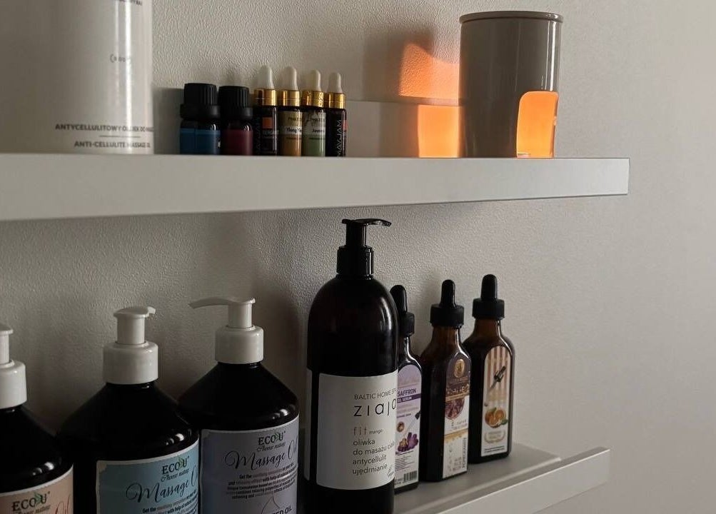 Spa essentials on display at Slow Beauty, Tallinn, Harju maakond, EE. Aromatherapy oils and creams are neatly arranged.