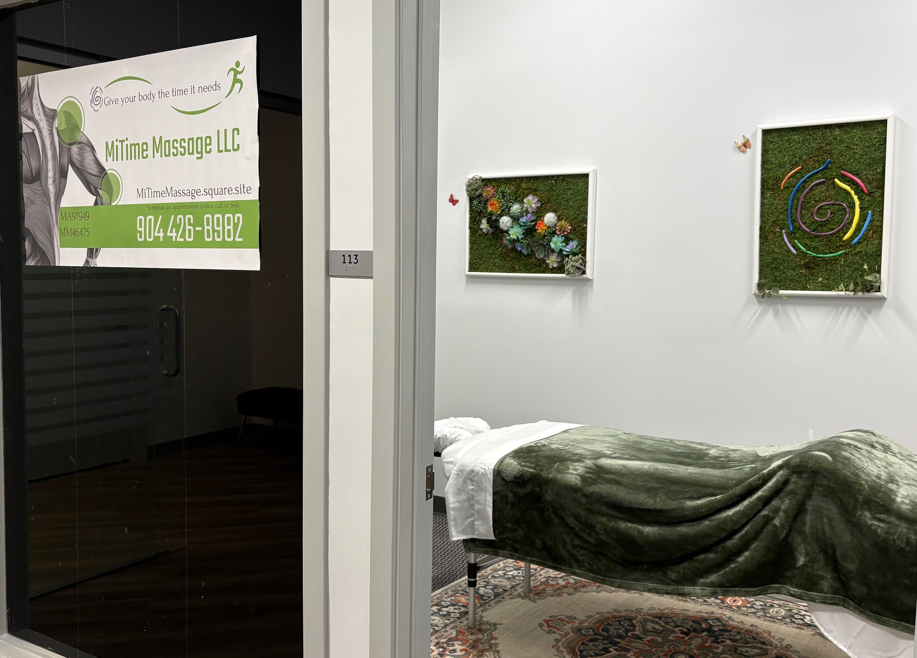 Inside view of MiTime Massage LLC featuring a cozy massage bed in Fleming Island, Florida, US.
