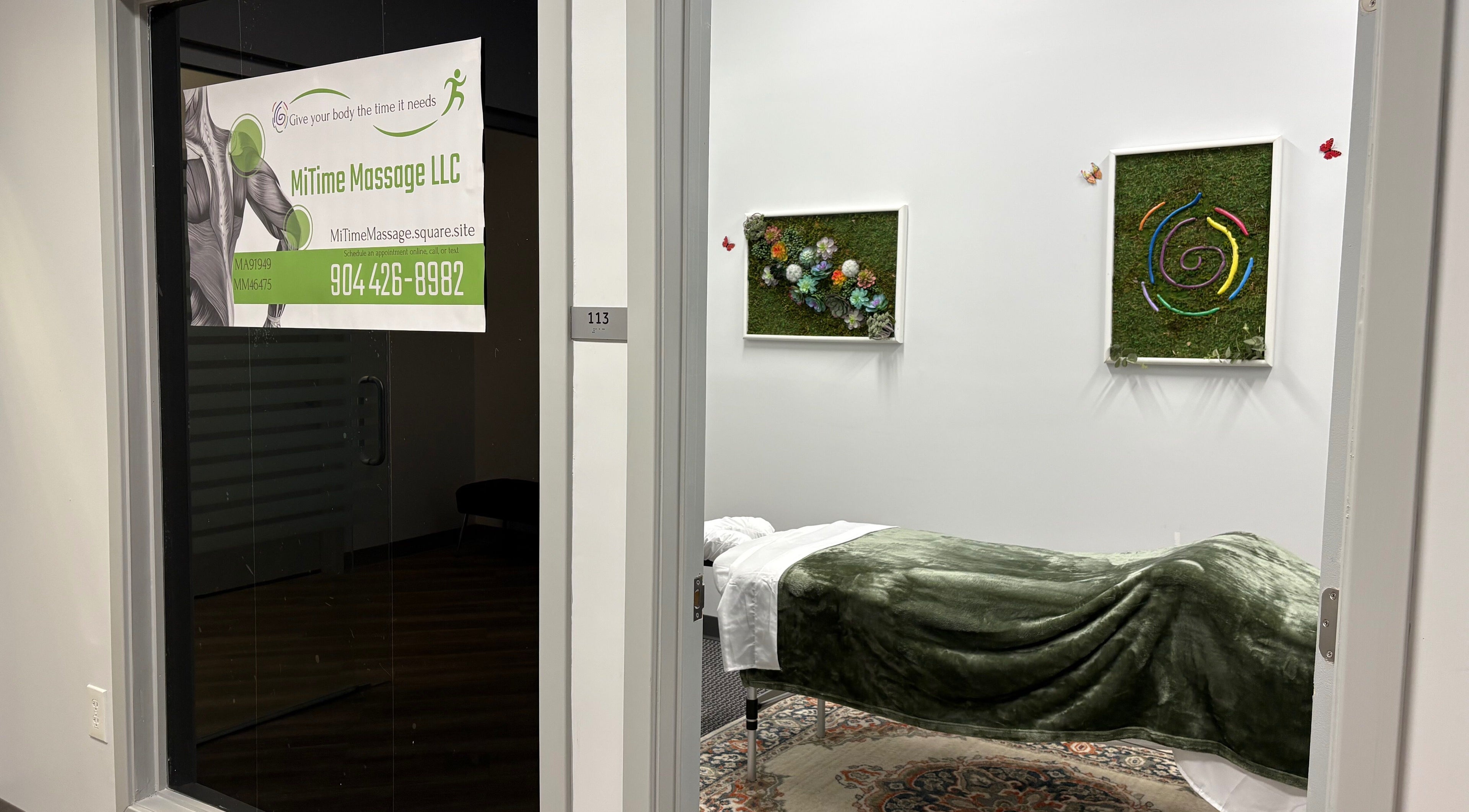 Inside view of MiTime Massage LLC featuring a cozy massage bed in Fleming Island, Florida, US.
