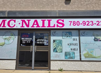 Exterior view of Mc Nails in Gibbons, Alberta, CA showcasing services in bold signage.