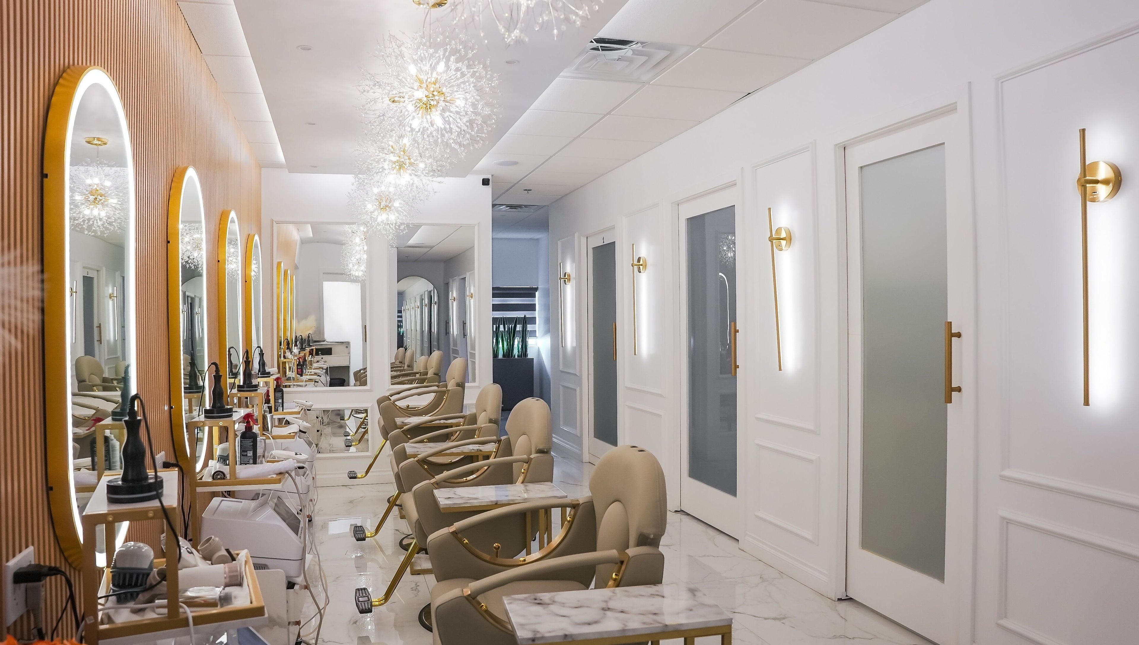 Chic interior of Lavie Bella Head Spa in Artesia, California, US, showcasing modern salon chairs and mirrors.