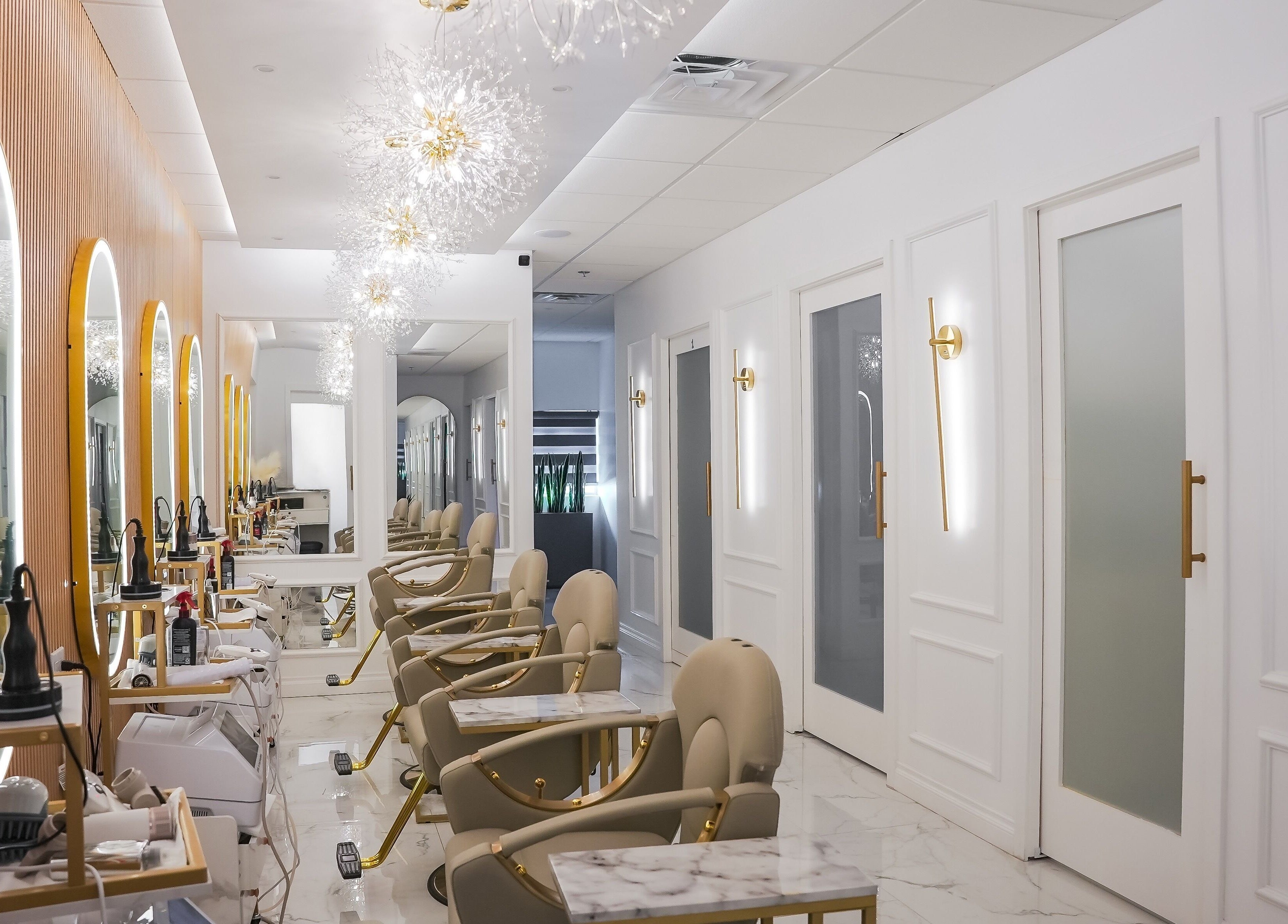 Chic interior of Lavie Bella Head Spa in Artesia, California, US, showcasing modern salon chairs and mirrors.