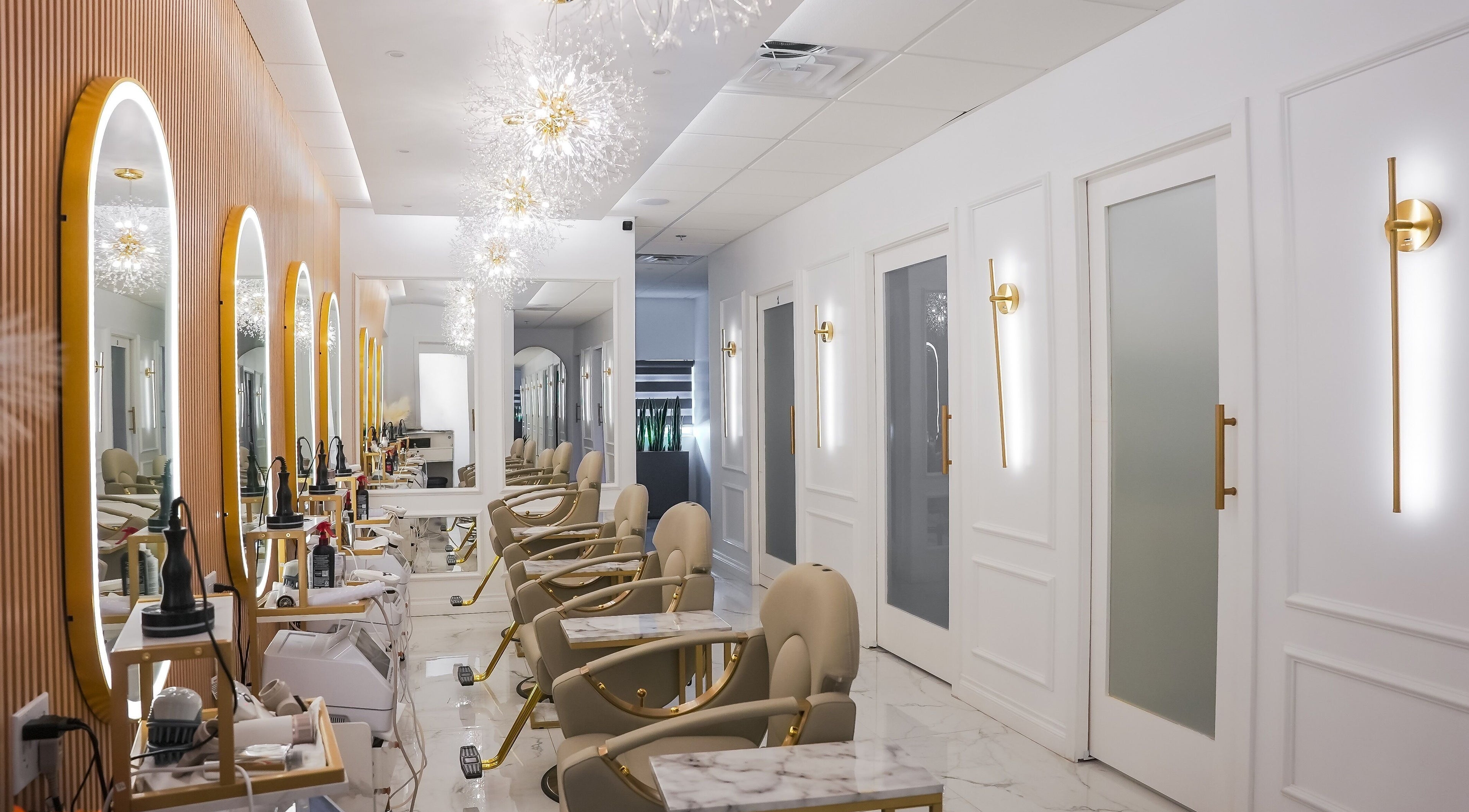 Chic interior of Lavie Bella Head Spa in Artesia, California, US, showcasing modern salon chairs and mirrors.