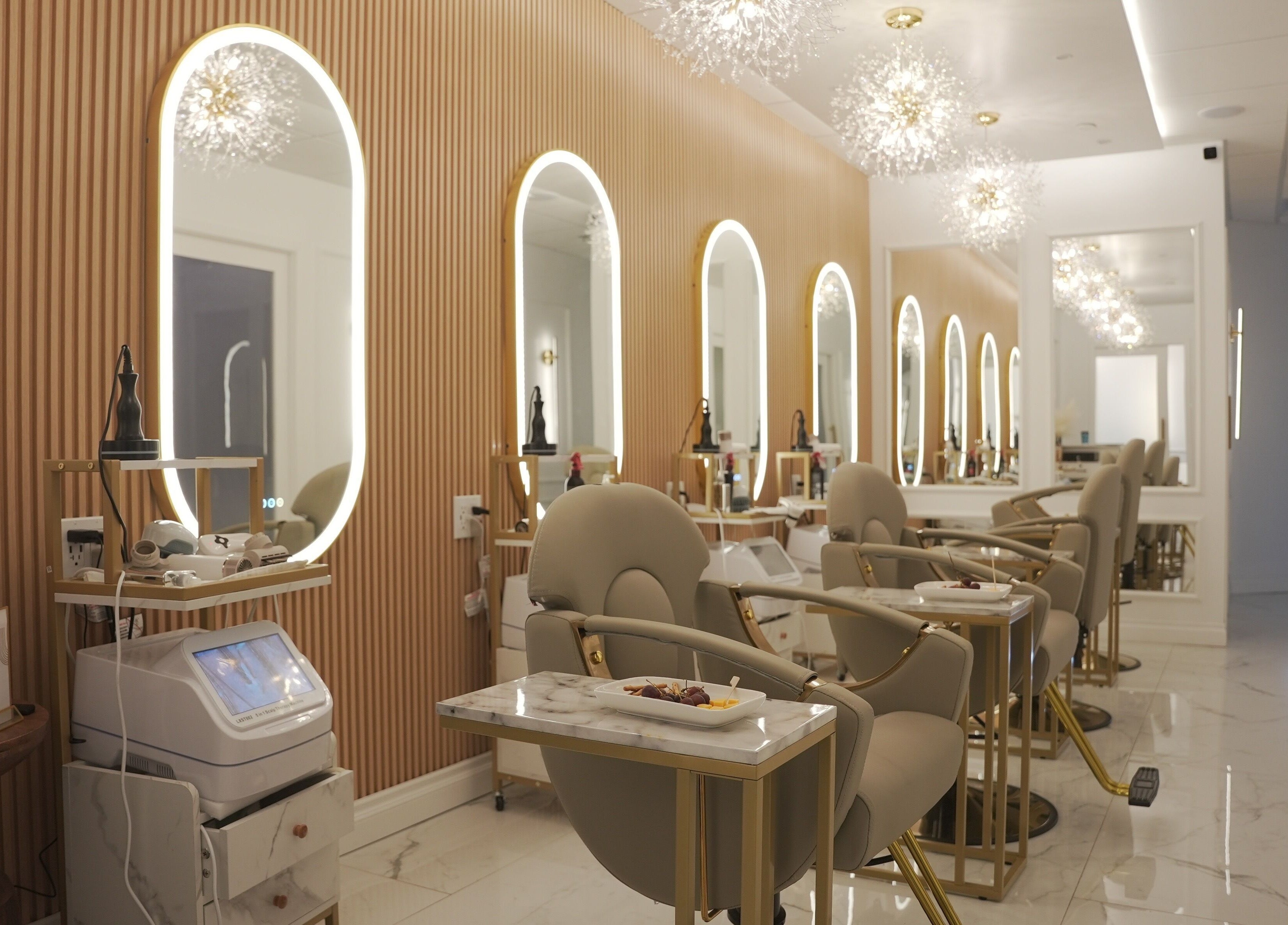 Luxurious interior of Lavie Bella Head Spa in Artesia, California, US, showcasing elegant seating and lighting.