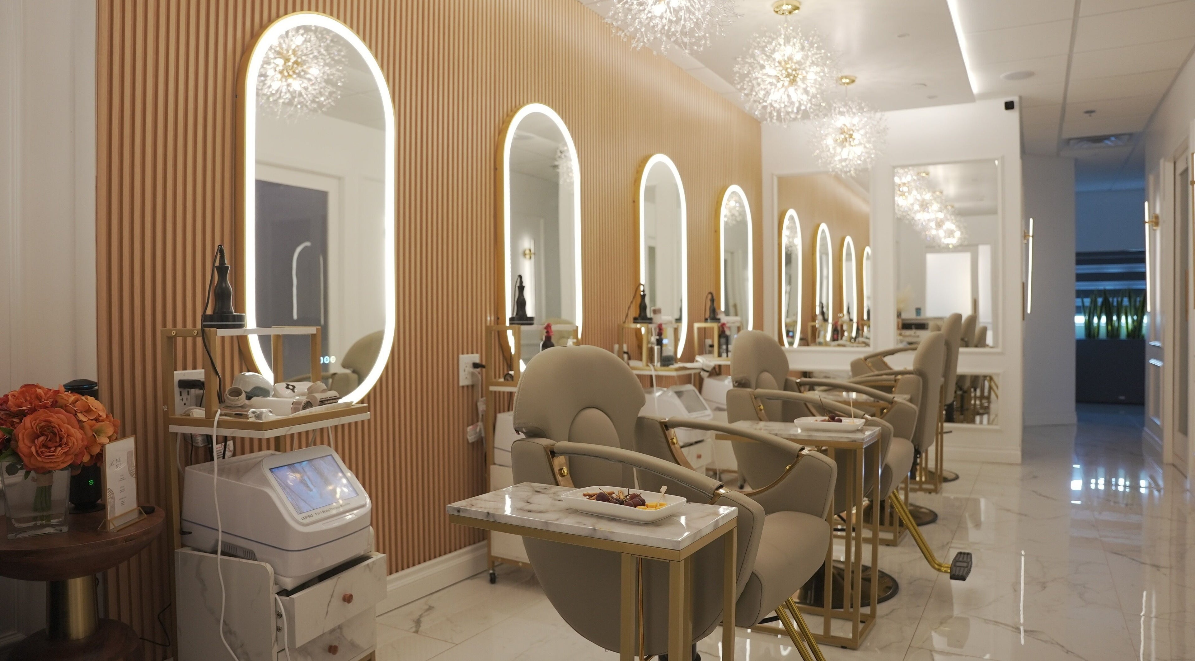 Luxurious interior of Lavie Bella Head Spa in Artesia, California, US, showcasing elegant seating and lighting.