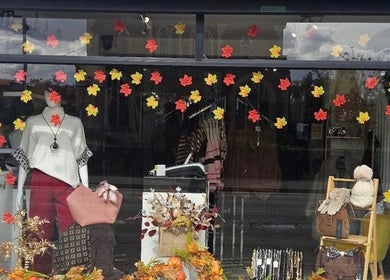 Autumn-themed window display at Kira Aesthetics, Coalville, England, GB showcasing fall fashion.