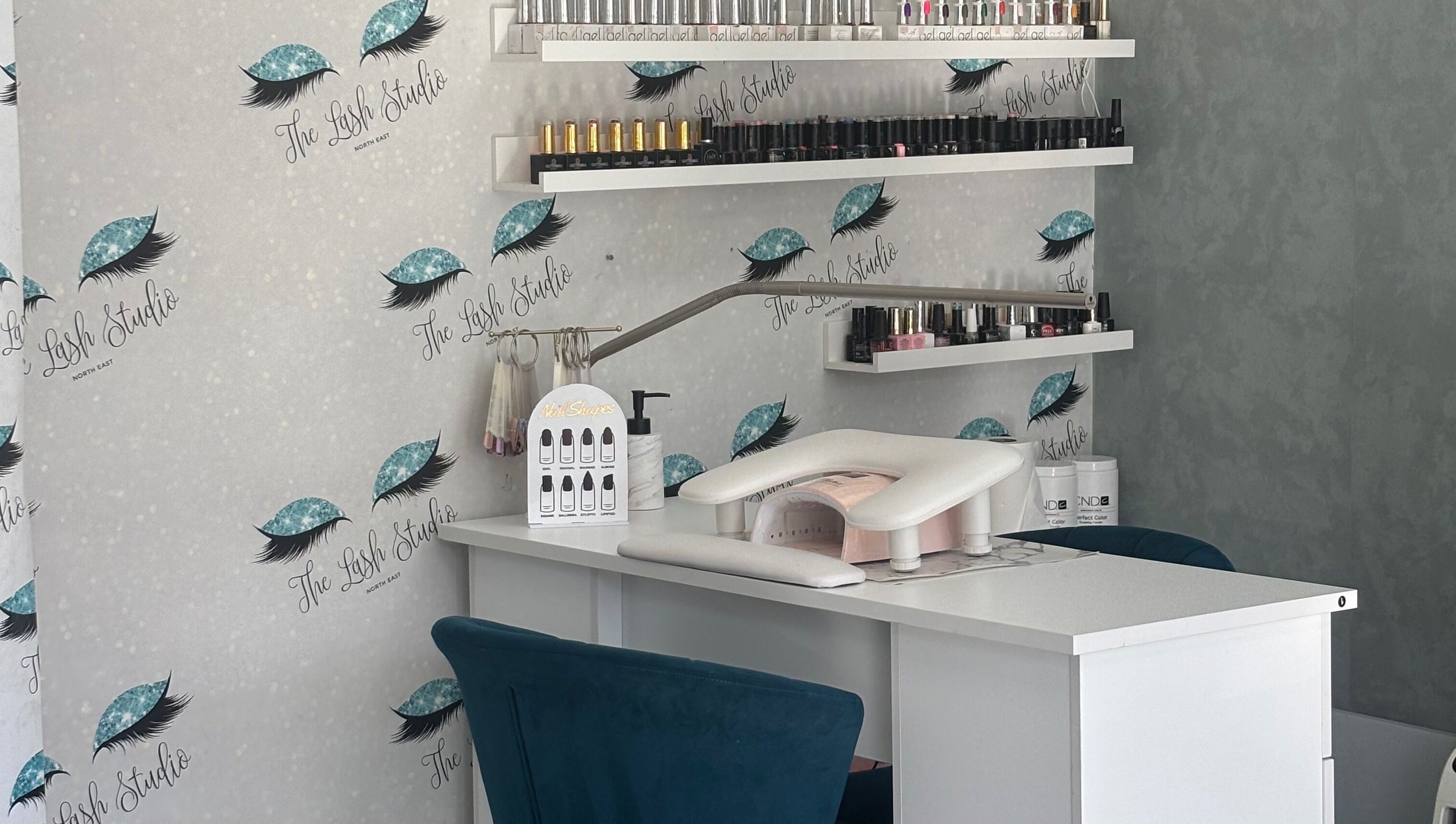 The Lash Studio NE in Jarrow, England, GB, showcases a chic nail bar with stylish decor and product display.