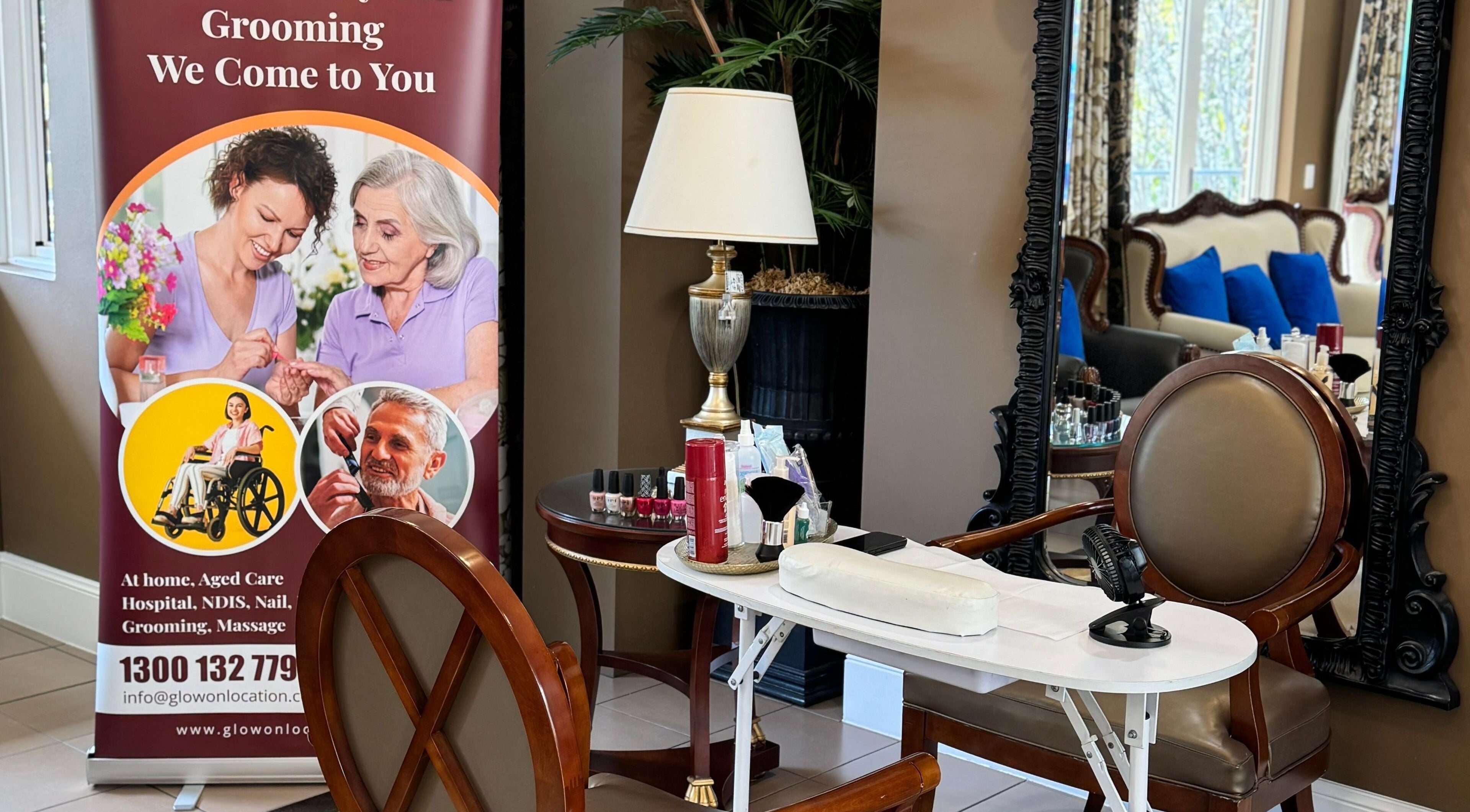 Elegant nail station at Glow On Location, Gladesville, New South Wales, AU, reflecting comfort and care services.