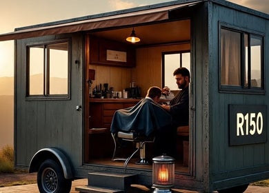 A unique mobile barbershop scene at Tame Your Mane Barbershop, Cape Town, Western Cape, ZA, enhanced by sunset.