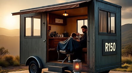 A unique mobile barbershop scene at Tame Your Mane Barbershop, Cape Town, Western Cape, ZA, enhanced by sunset.