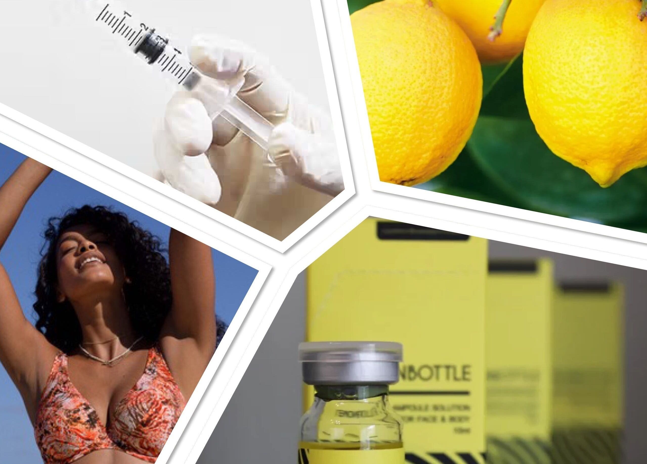 Collage showcasing beauty treatments at Love Mi Aesthetics, Weymouth, England, GB with syringes, lemons, and skincare.