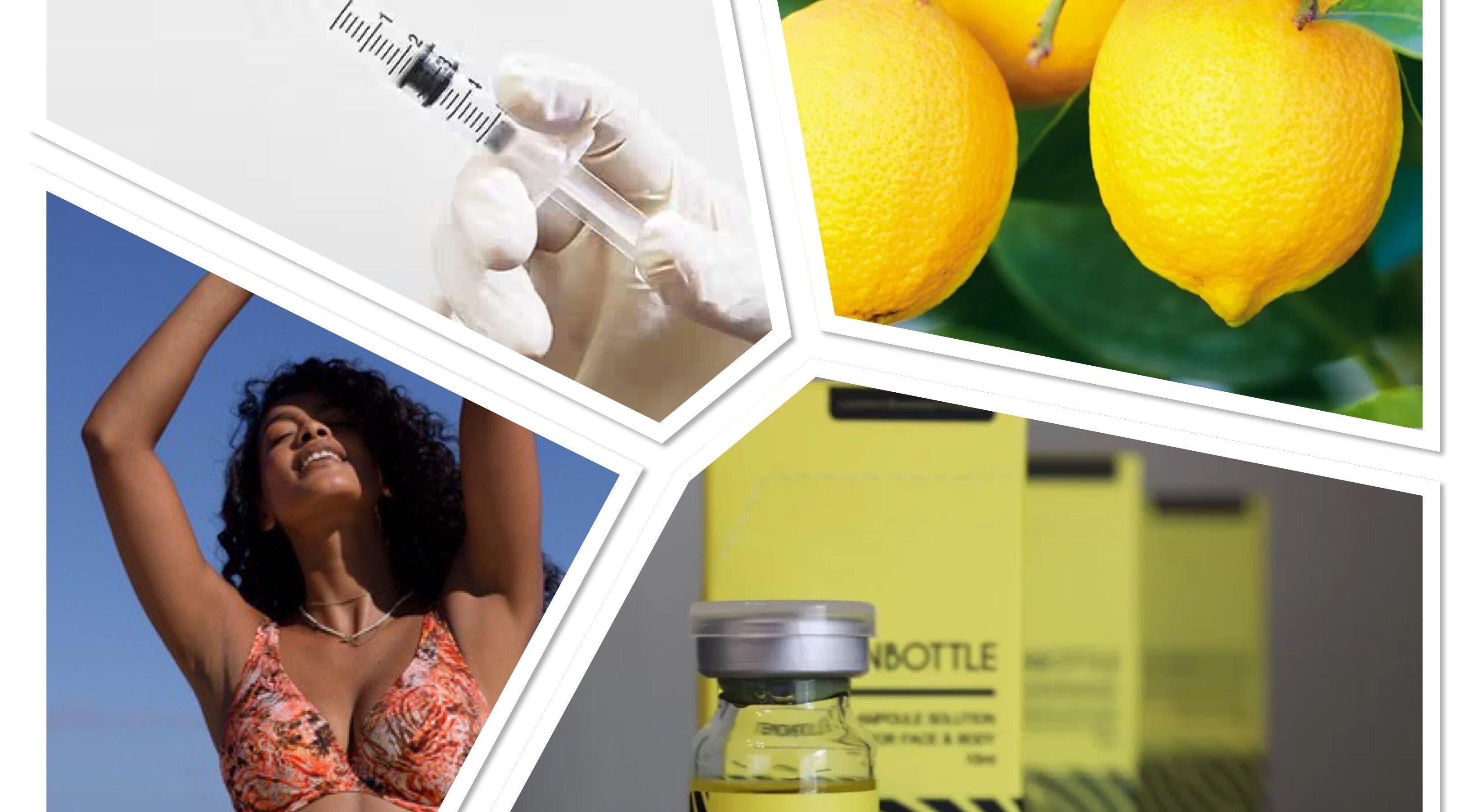 Collage showcasing beauty treatments at Love Mi Aesthetics, Weymouth, England, GB with syringes, lemons, and skincare.