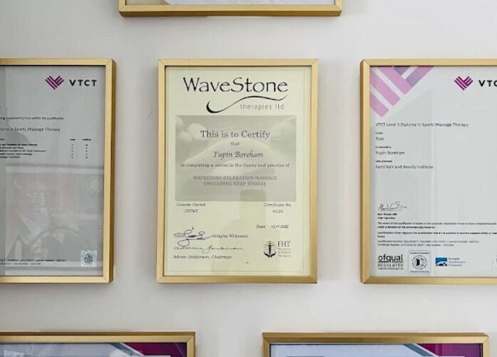 Framed certificates at Yupin Thai Massage in Brighton, Brighton And Hove, England, GB showcase expertise and quality.