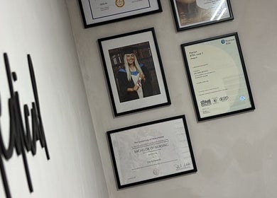 Certificates and awards at Mizo Medical Aesthetics, Hazel Grove, showcasing expertise in beauty and wellness.