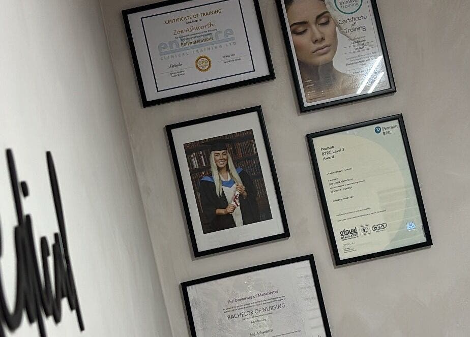 Framed certifications on display at Mizo Medical Aesthetics in Hazel Grove, England, GB.