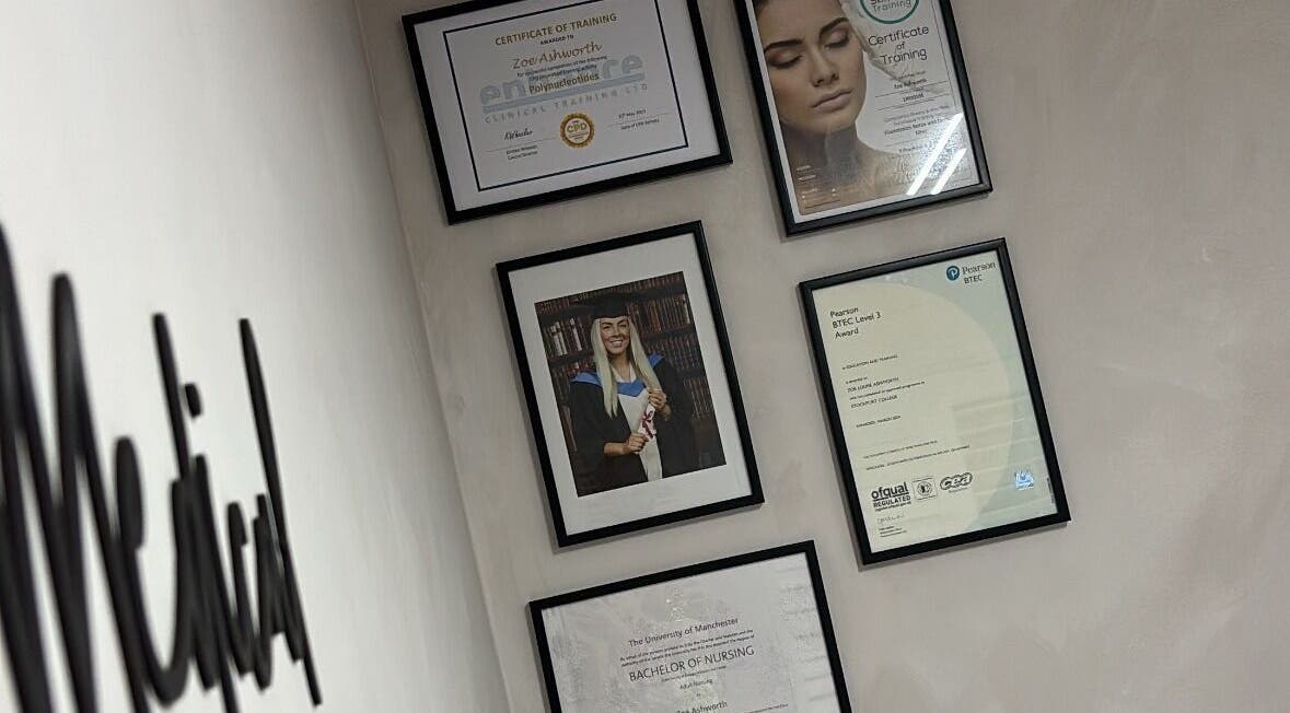 Framed certifications on display at Mizo Medical Aesthetics in Hazel Grove, England, GB.