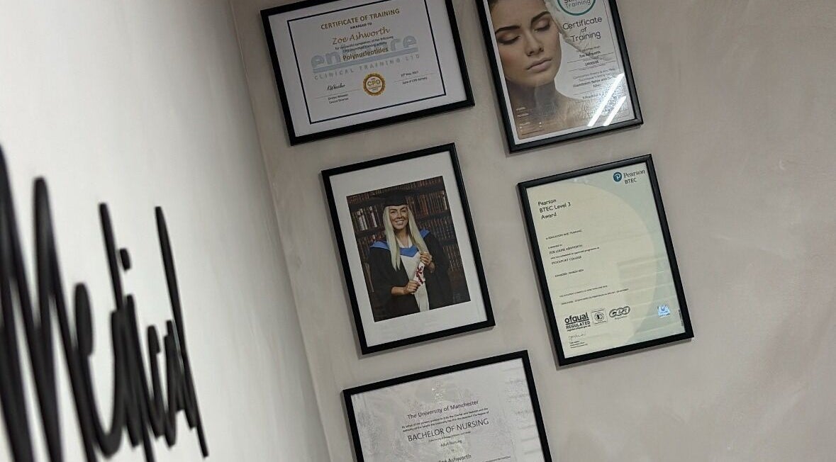 Framed certifications on display at Mizo Medical Aesthetics in Hazel Grove, England, GB.