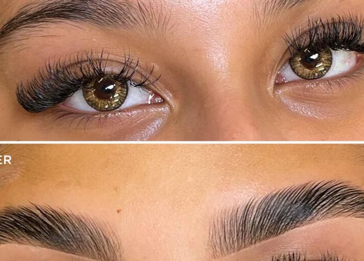 Before and after lash and brow transformation at Kathy's Lashes in Burien, Washington, US.