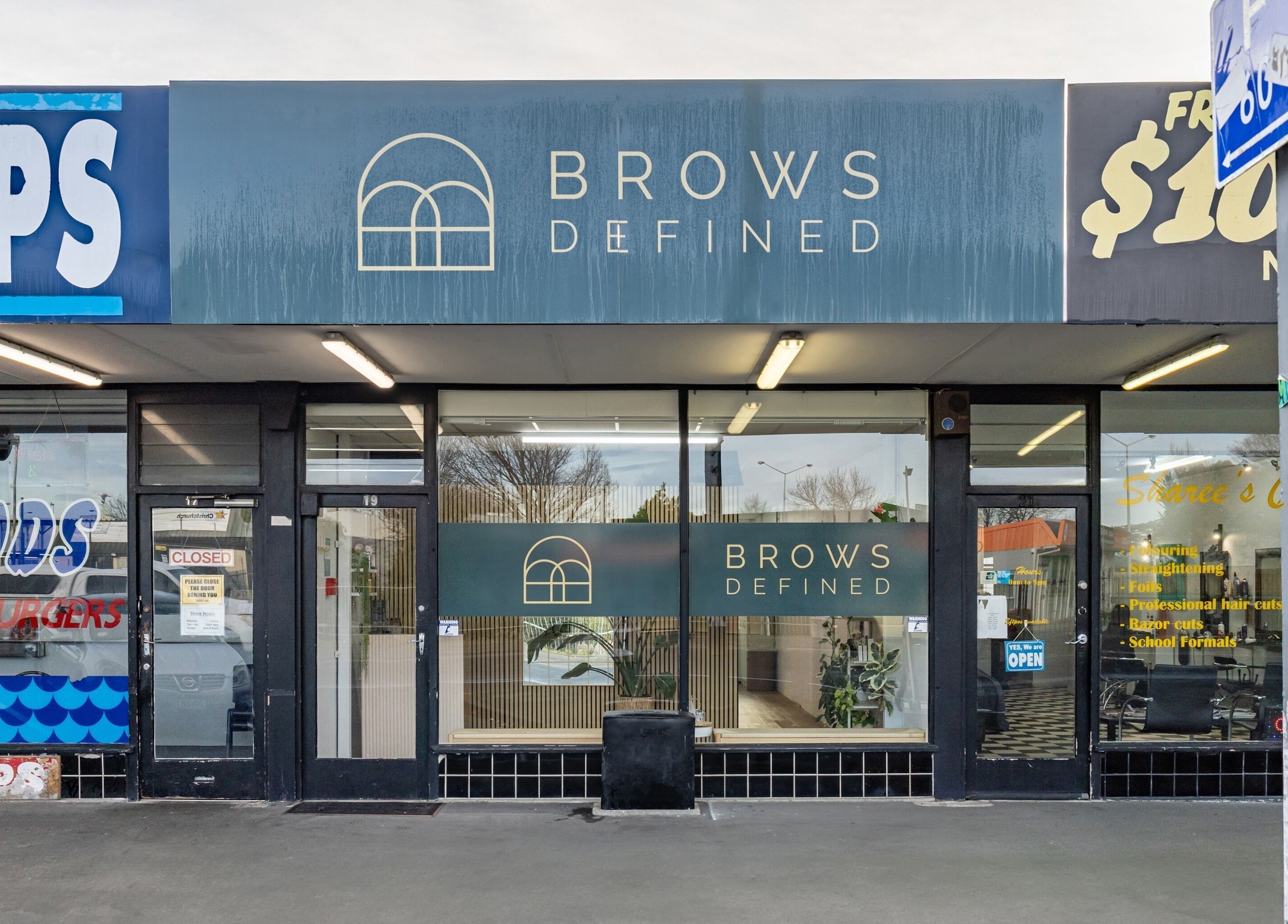 Front view of Brows Defined beauty venue in Christchurch, Waitaha, NZ showcasing the stylish exterior.