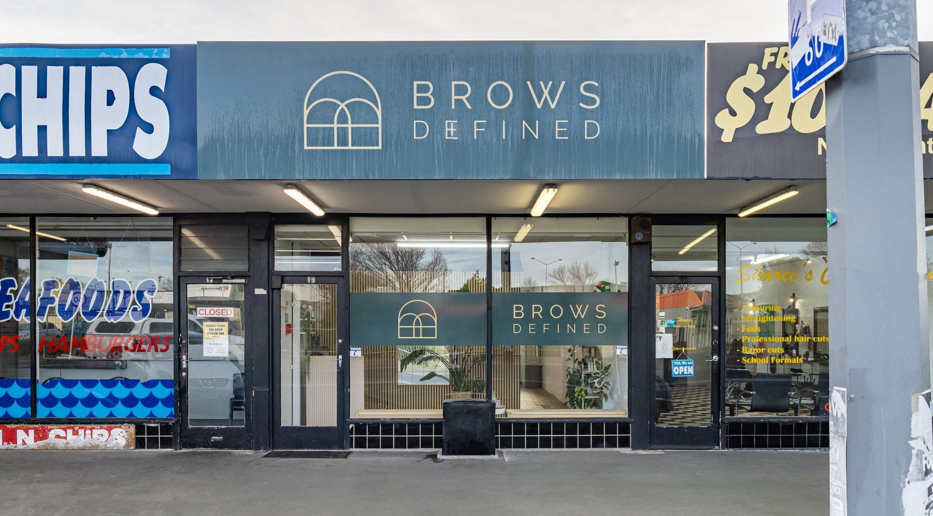 Front view of Brows Defined beauty venue in Christchurch, Waitaha, NZ showcasing the stylish exterior.