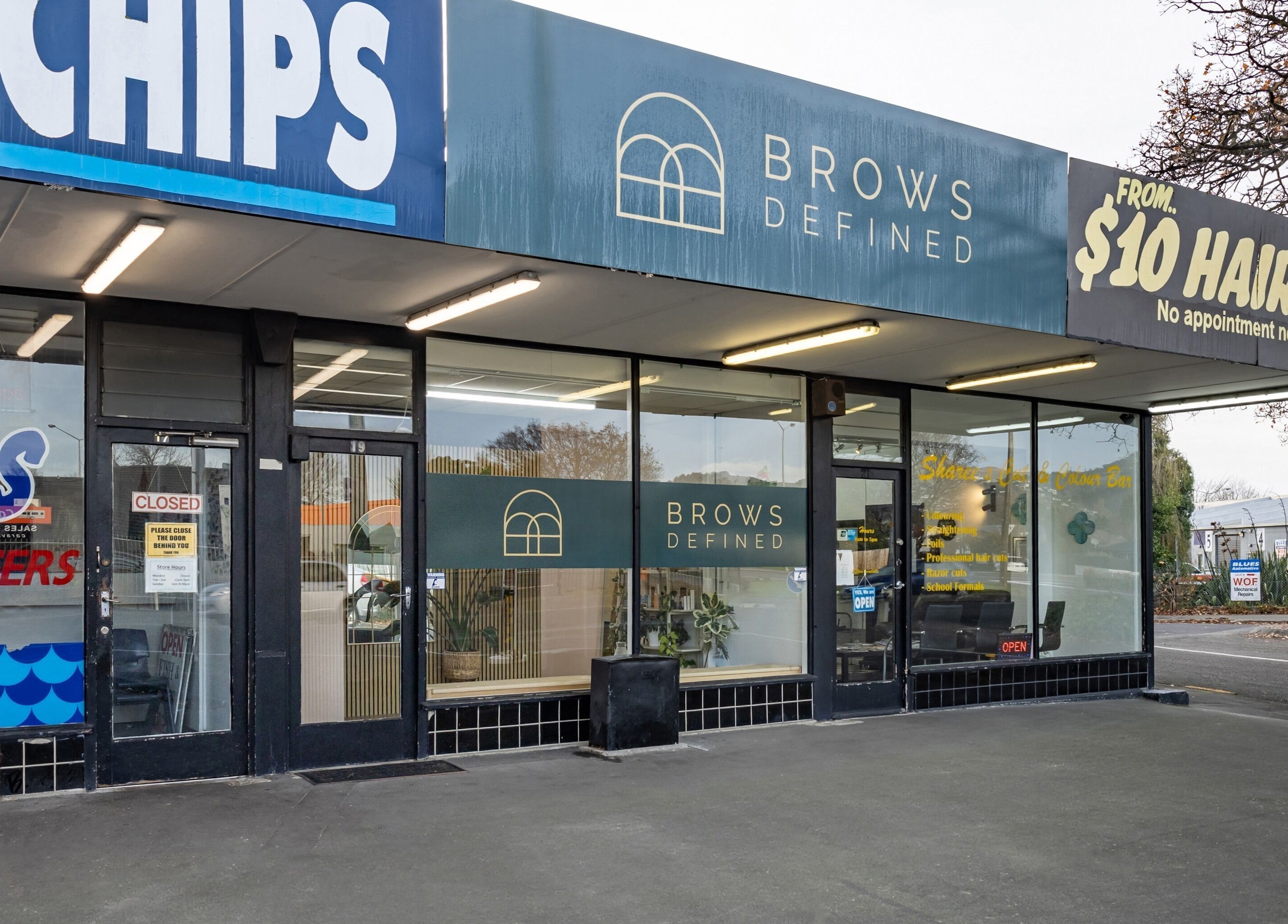 Exterior of Brows Defined, a beauty venue in Christchurch, Waitaha, NZ, showcasing modern signage.