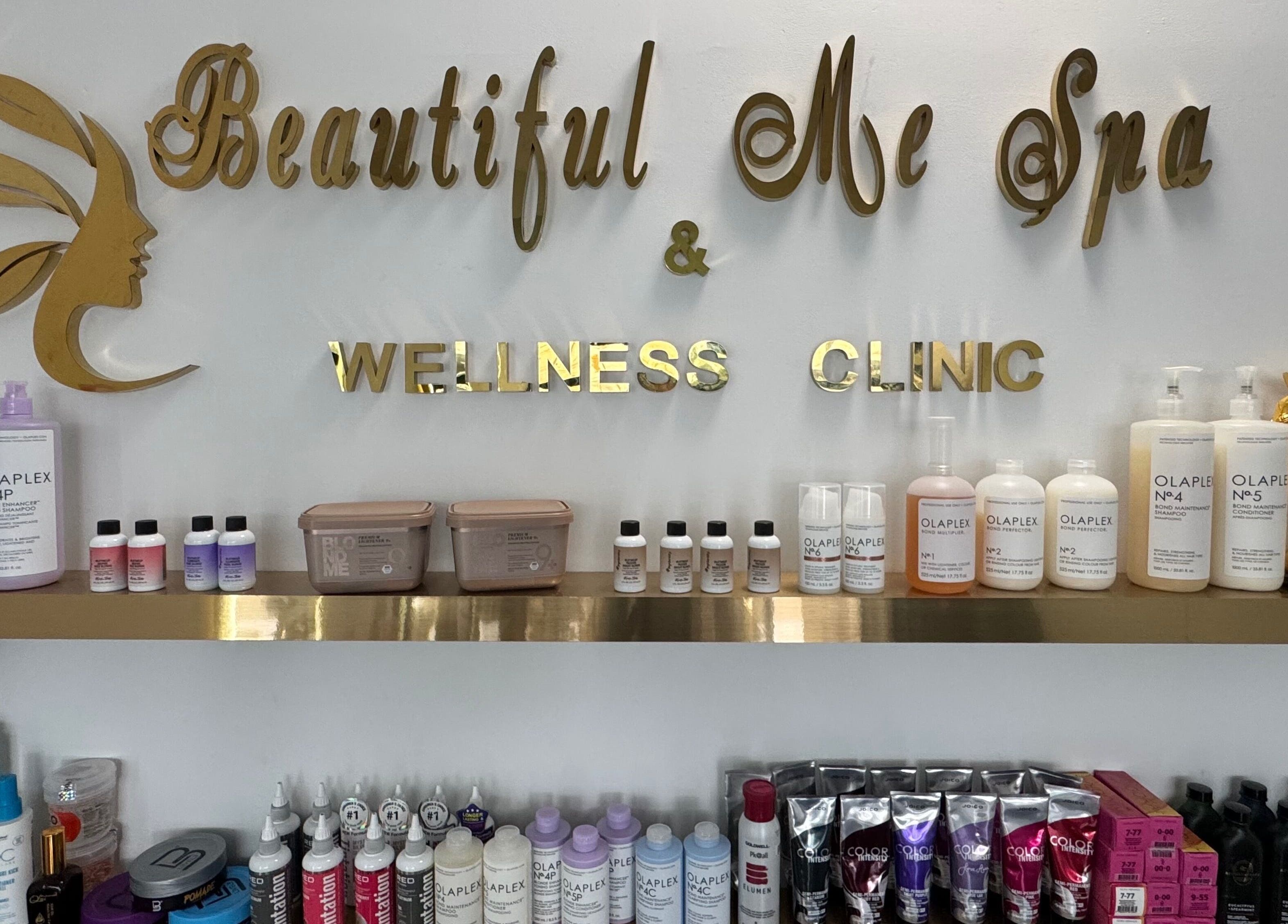 Product display at Beautiful Me Spa & Wellness Clinic, Toronto, Ontario, CA with golden signage.