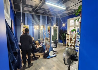 Interior of Blu Gel Hair Studio with modern blue decor, Pietermaritzburg, Kwazulu-natal, ZA.