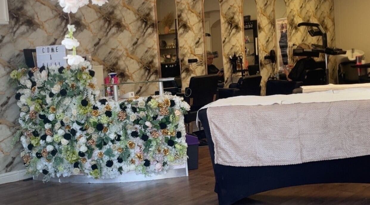 Chic beauty salon at Slay Studios NE with floral decor in North Shields, England, GB.