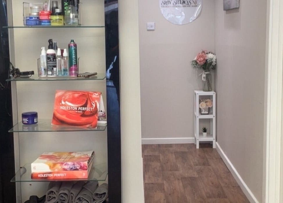 Chic display of beauty products at Slay Studios NE, North Shields, England, GB.
