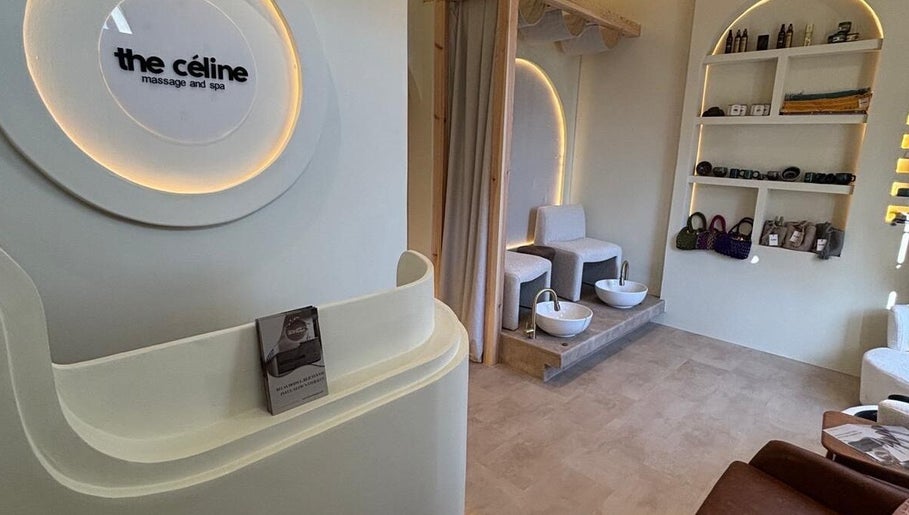 The Celine Spa reception area showcasing elegant decor in Swanley, England, GB.