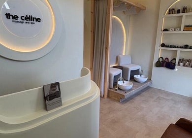 The Celine Spa reception area showcasing elegant decor in Swanley, England, GB.
