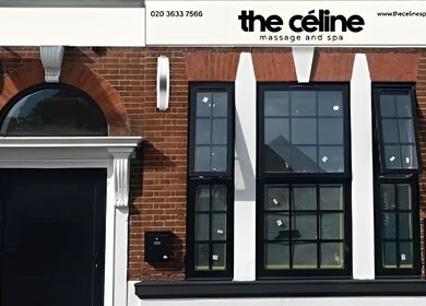 Front view of The Celine Spa, Swanley, England, GB showcasing elegant brick and white facade.