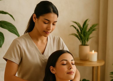 Massage therapy at The Celine Spa in Swanley, England, GB, featuring serene ambiance with candles and greenery.