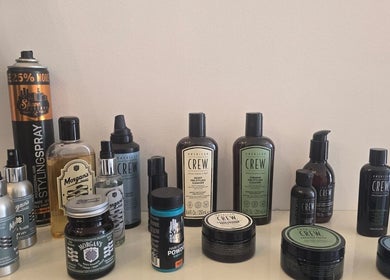 Assorted hair styling products at THE SANDBANKS BARBER COMPANY in Poole, England, GB.